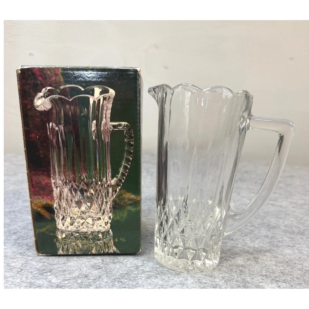 Blarney Genuine 24% Lead Crystal Pitcher Diamond Cut Scalloped Rim Vintage Boxed